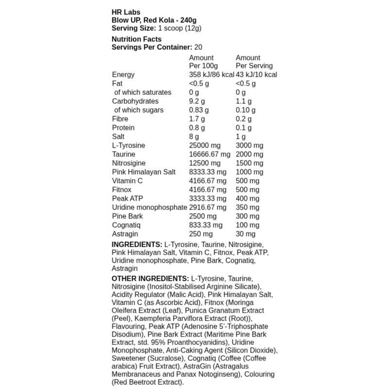 HR Labs Blow Up – Pré-workout sans stimulants pour performance, pump et concentration | TOP BODY