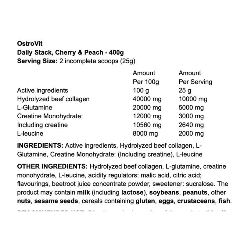 OstroVit Daily Stack | Collagène, Glutamine, Créatine, Leucine – Performance et récupération – TOP BODY