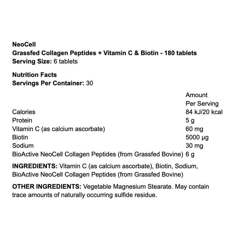 NeoCell Grassfed Collagen Peptides + Vitamin C & Biotin – Beauté Peau, Cheveux, Ongles | TOP BODY