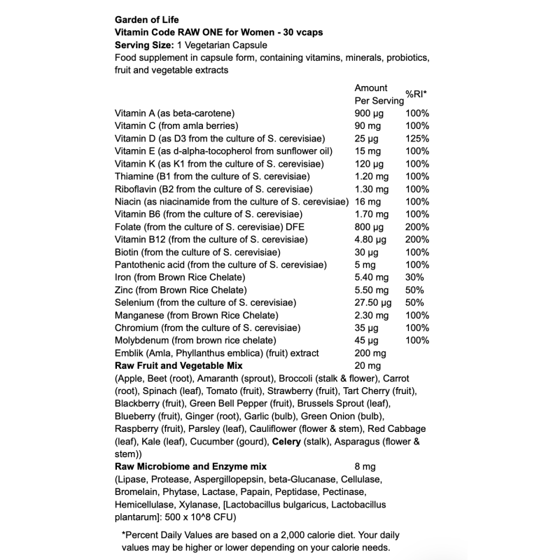 Garden of Life Vitamin Code RAW ONE for Women